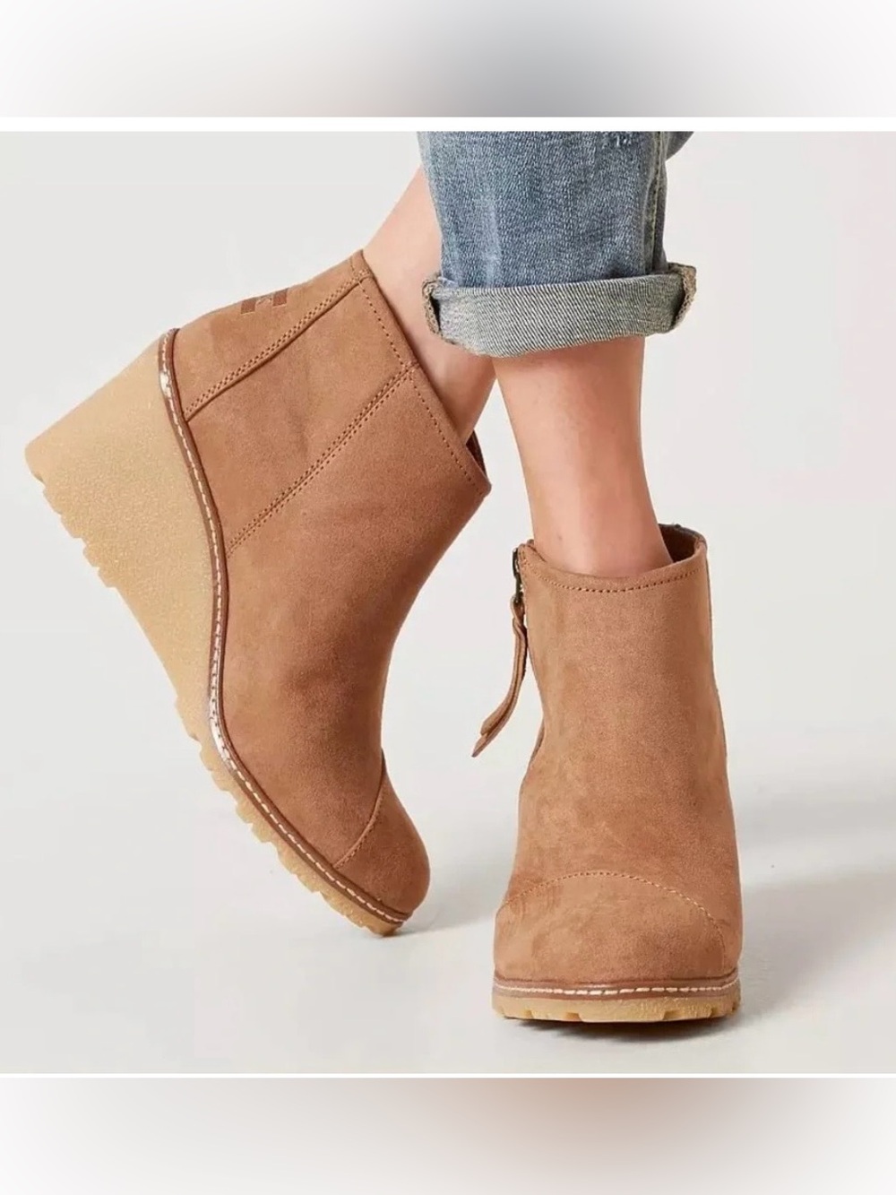 Toms Avery Wedge Booties toffee brown side zip women’s 7.5 suede